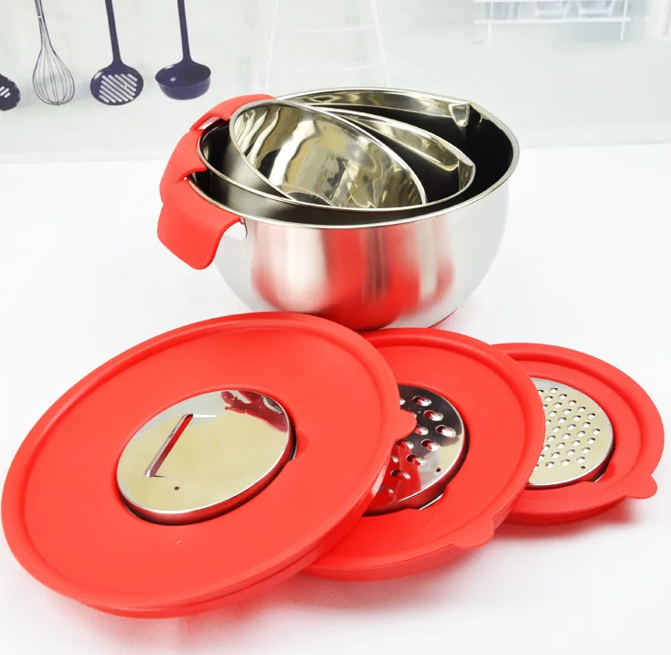 Multifunctional Mixing Bowl with Lid Planer with Handle Bowl Egg Beater 304 Stainless Steel Salad Bowl Set