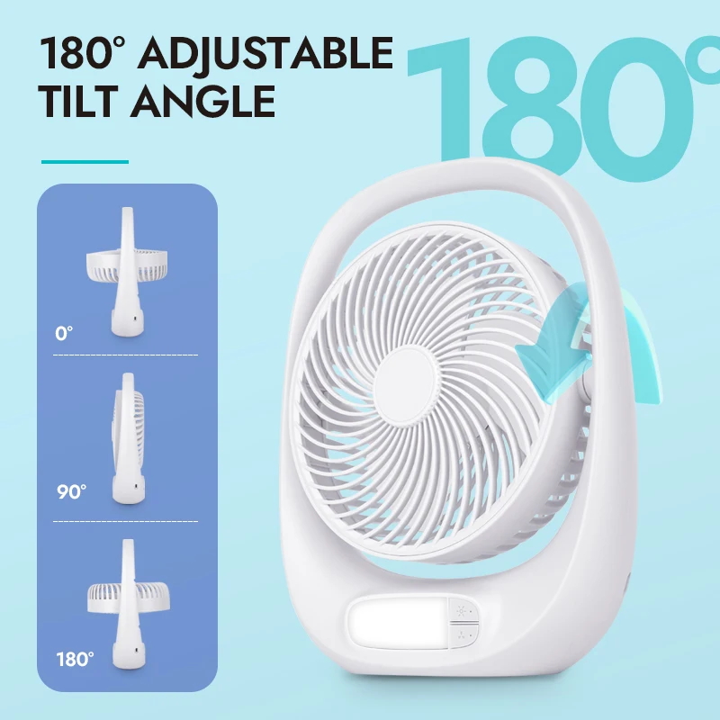 7-Inch Table Desk Fan Light Portable Type-C Rechargeable Fan Home Car Outdoor Use 3 Wind Speed 5V Electric Power Made Plastic