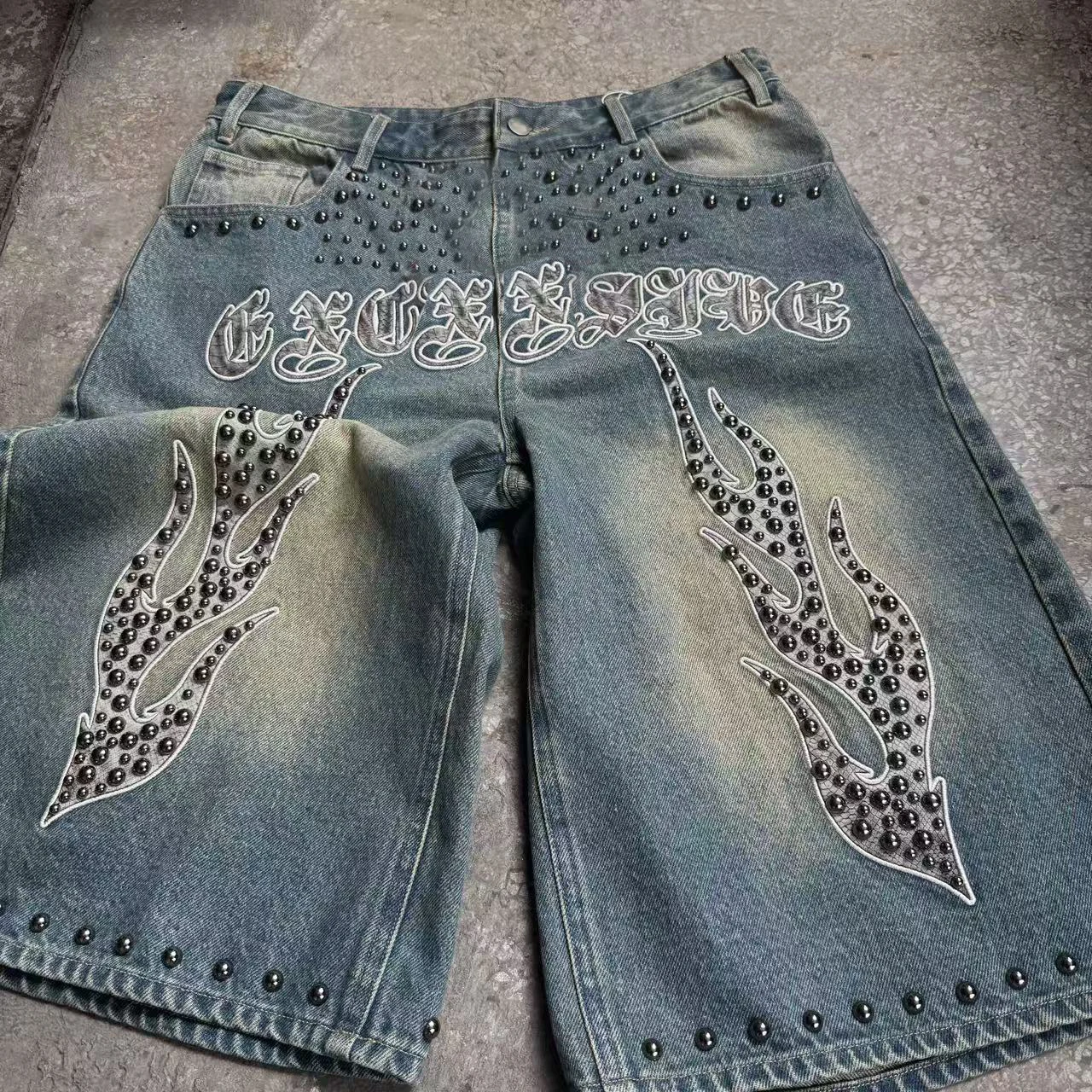 High Heavy Quality Jorts Rhinestones Distressed Summer Streetwear Denim Shorts for Men Custom Men's Baggy Denim Shorts gallery 7