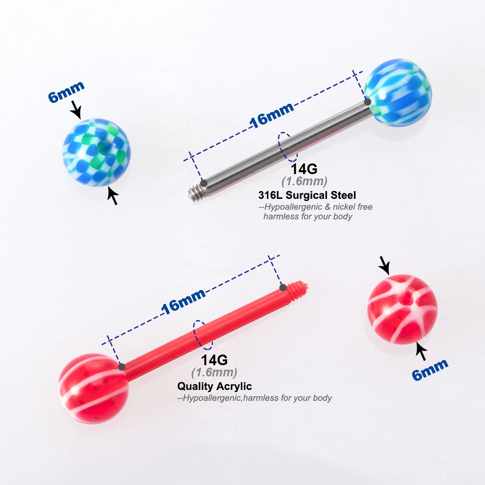 10PCS Random Colors Bioflex Nipple Barbell Nipple Ring Retainer 14G Flexible Tongue Piercing Bar 16mm Acrylic Ball Tongue Rings