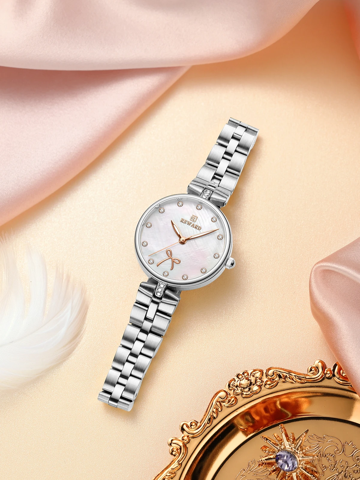 REWARD New Simple Thin Quartz Watches for Women Shell Dial with Rhinestones Clock Female Stainless Steel Band Wristwatch