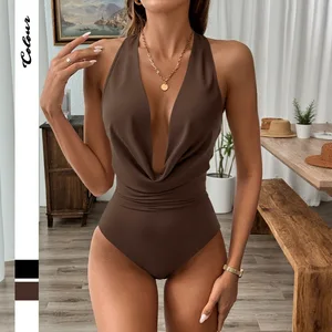 2026 New Summer Solid Color Waist-cinching Sexy Swing-neck Sleeveless Halter Jumpsuit