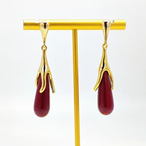 Ilona Women's Vintage Style 14k Gold Plated Copper Drop Earrings Creative Wine Red Irregular Dangle Accessories