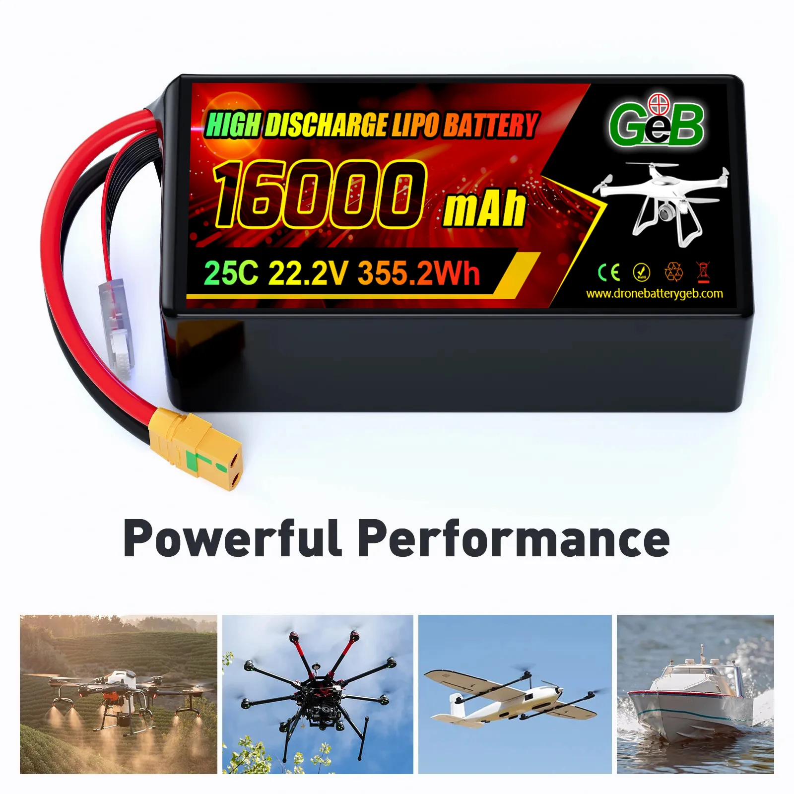 Bateri lipo berkapasiti tinggi GEB 7S 22.2V 16000mah 25C kadar nyahcas tinggi bateri polimer litium untuk bateri dron UAV