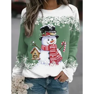 2022 Women's Christmas New Snowman Print Long Sleeve Round Neck Casual Loose T-Shirt