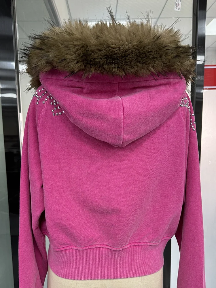 Salati Manufacturer Custom Y2K Woman 300 GSM Faux Fur Pink Screen Print Crystal Zip Distressed Crop Top Rhinestone Hoodie Women gallery 3