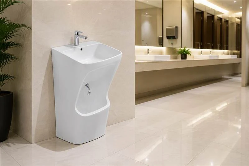 info-1-1 Tall white ceramic wudu basin in a bright modern shopping mall washroom