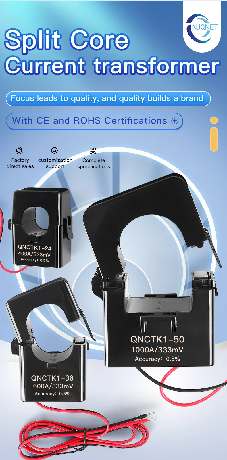 Manufacturer Split Core Current Transformer 333mV Snap on Current Sensor QNCTK1-50 1500A Clamp CT Current Transformer 1000A 1V
