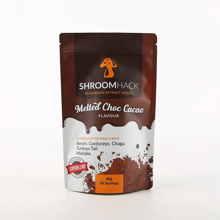 Custom Printed Cacao Cocoa Coffee Powder Plastic Packaging Aluminum Foil Bags Resealable Matte Black Stand up Pouch With Zipper