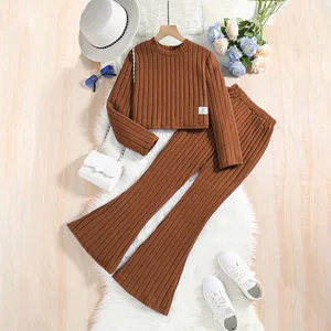 2026 Spring Autumn Wholesale Big Kids Set Stylish Long Sleeved Crop Top Flared Pants Knitted Two Piece Clothing Teenage Girls