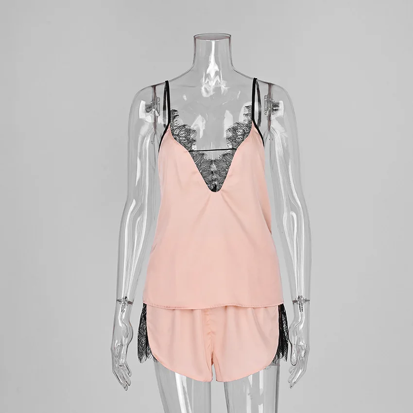 Deep V-neck Lace Suspender Shorts Pajamas Suit Autumn and Winter New Skin-friendly Cool Home Wear for Women — detail