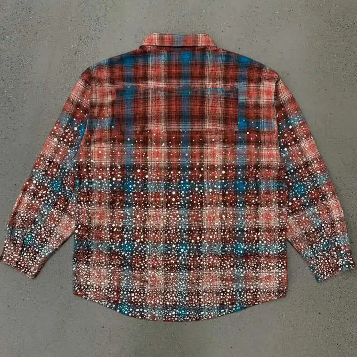 Salati Customize High Quality Diamond T-shirts Glitter Rhinestone Wash Button up Long Sleeve Boxy Check Plaid Flannel Shirts Men gallery 2