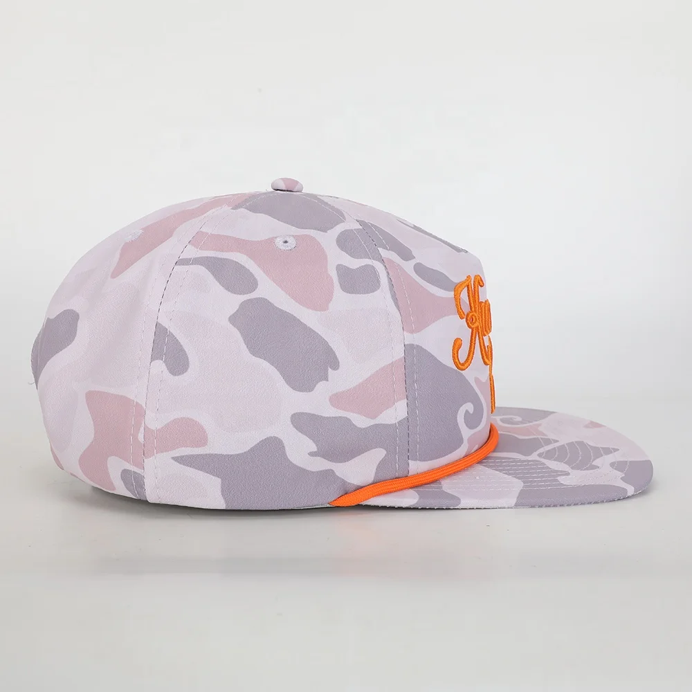 Custom Print Duck Camo Embroidery Logo Old School 5 Panel Gorras Flat Bill Snapback Hat Unstructured Rope Cap