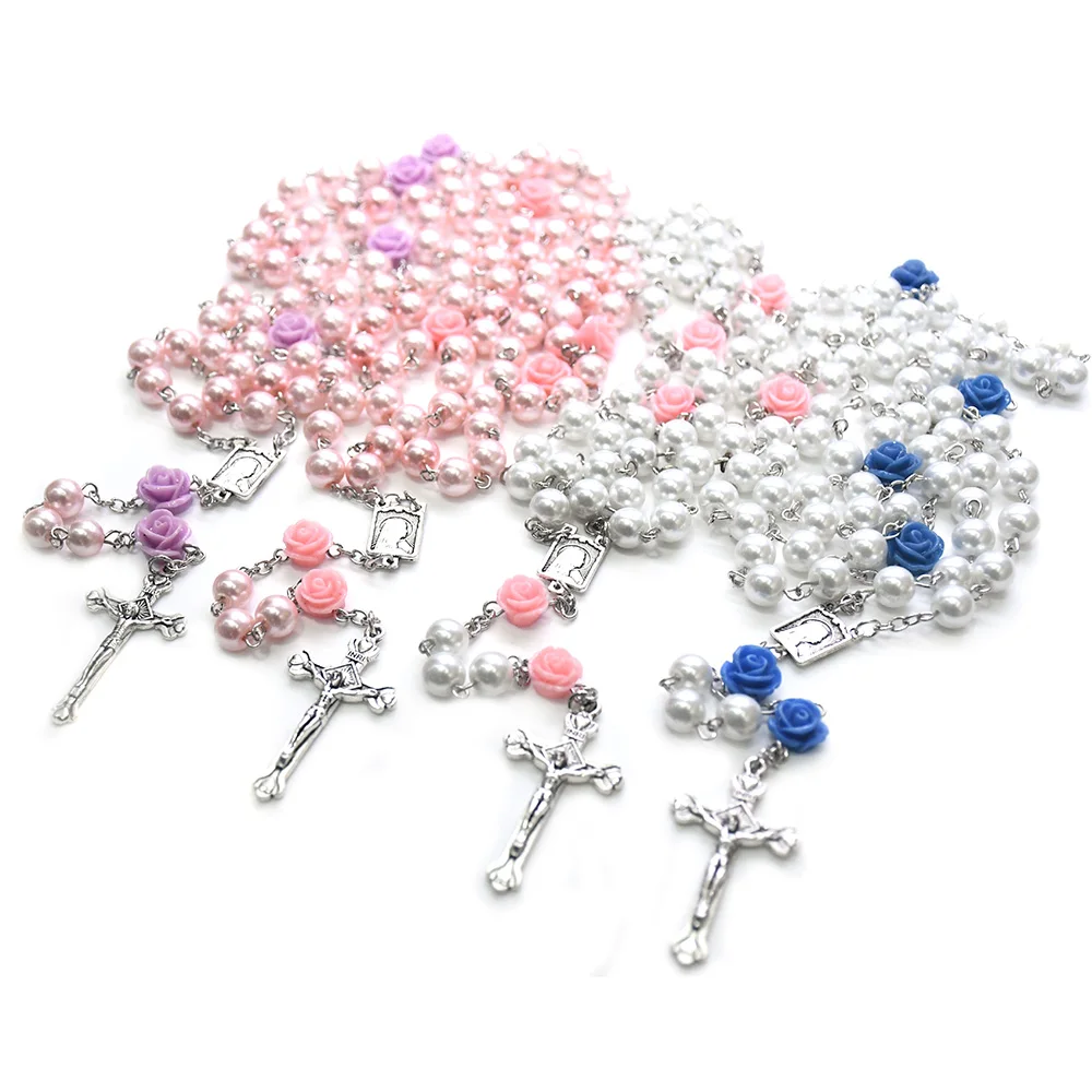 Religious Prayer Beads Catholicism Pearl Rosary Necklace 6 Rose Flowers ...