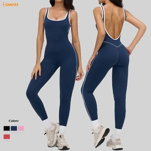 Women Color Block Yoga Jumpsuit Fitness Bodysuit with Square Neck for Gym & Running Full-Length Sleeveless Sportswear