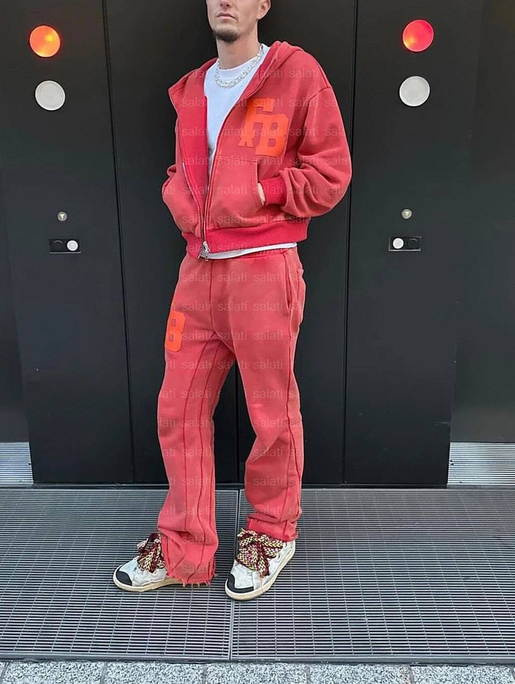 Custom Essentials 2 Piece Jogger Set Cotton Zip up Hoodie and Jogger Set Acid Wash Sweatsuits Flared Stacked Tracksuits for Men gallery 7