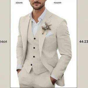 XiangHong Men's Casual Lightweight Linen Waterproof Plus Size 3-Piece Suit Breathable Blazer Jacket Zipper Fly Vest Pants