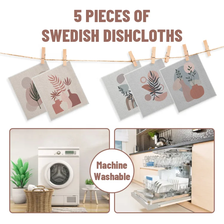 Gloway Wholesale Set of 5 Custom Printed Biodegradable Kitchen Cleaning Dishcloth Cellulose Sponge Cloth Swedish Dish Cloth