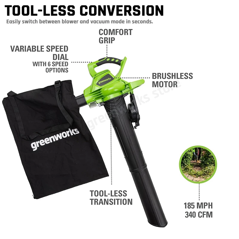 Greenworks 40V draadloze bladblazer/bladzuiger met borstelloze motor, inclusief 4.0Ah accu en oplader, 185 MPH/340 CFM / 75+ compatibele accessoires._voghion.com