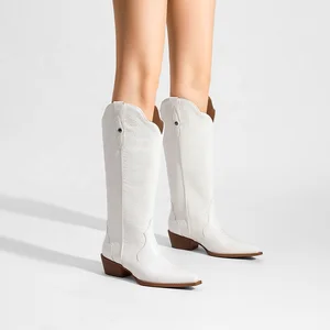 Women's Floral Embossed Western Cowboy Boots Knee-High Pointed Toe Block Heel Customizable Boots for Summer Autumn Winter