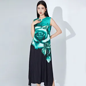 Miyake Pleated Dress Women Summer Sleeveless Elastic Stretch Loose Printed Rose Large Size Dress