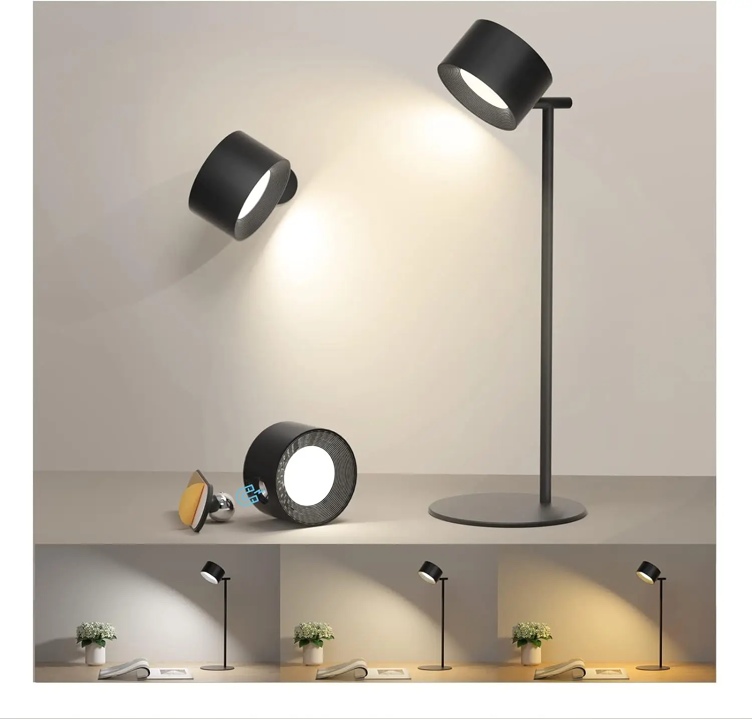 Usb Rechargeable Reading Wall Lights 360 Degree Rotate Magnetic Ball Dim Touch Control Led Cordless Wall Lamp Sconce for Bedroom