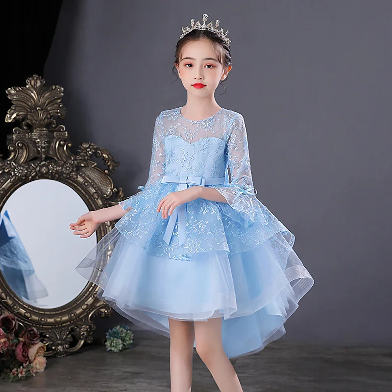 Latest Design Low Cut Handmade Short Front Long Back Flower Baby Girl Party Wedding Dress for 8 Years Old