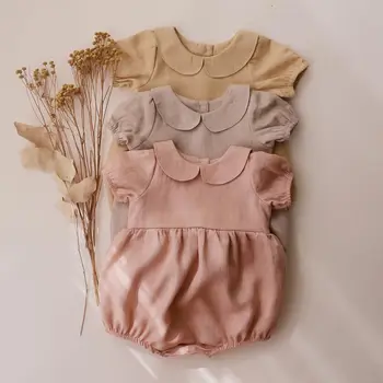 Romper Ropa Cheap Playsuit Linen Cotton Baby Clothes Short Sleeve Peter Pan Collar Bubble Playsuit