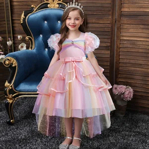 Children's Princess Dress Flower Girl Colored Mesh Trailing Performance Costume Cosplay Christmas Dress Clothes for Kids