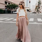 Elegant beauty women pink solid color maxi Lady long pleated skirt for women