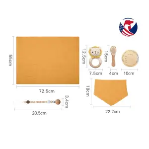 New Born Baby Gift Set Muslin Cotton Blanket Bib Rattle Milestone Wooden Toy Casual Style for Autumn Season
