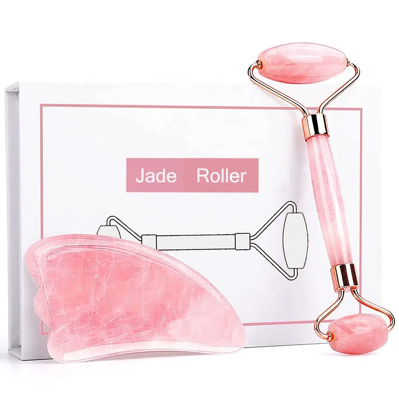 OEM Wholesale High Quality Private Label Beauty Gua Sha Set Natural Pink Rose Quartz and Jade Roller Made From Stone Material