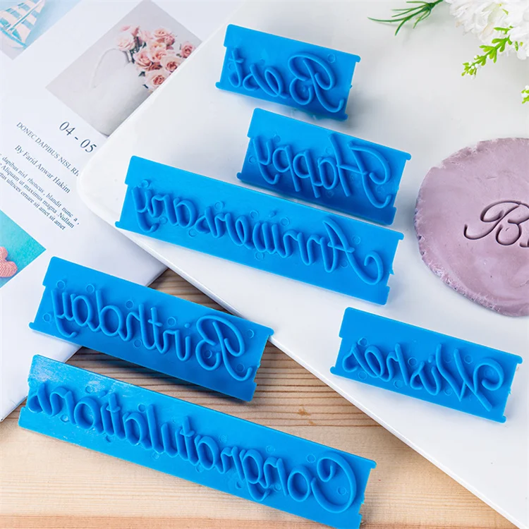 Hot Selling Alphabet Cookie Cutter Set With Good Wishes Blue Letter Stamp Embossed Fondant Tool for Cake Decoration