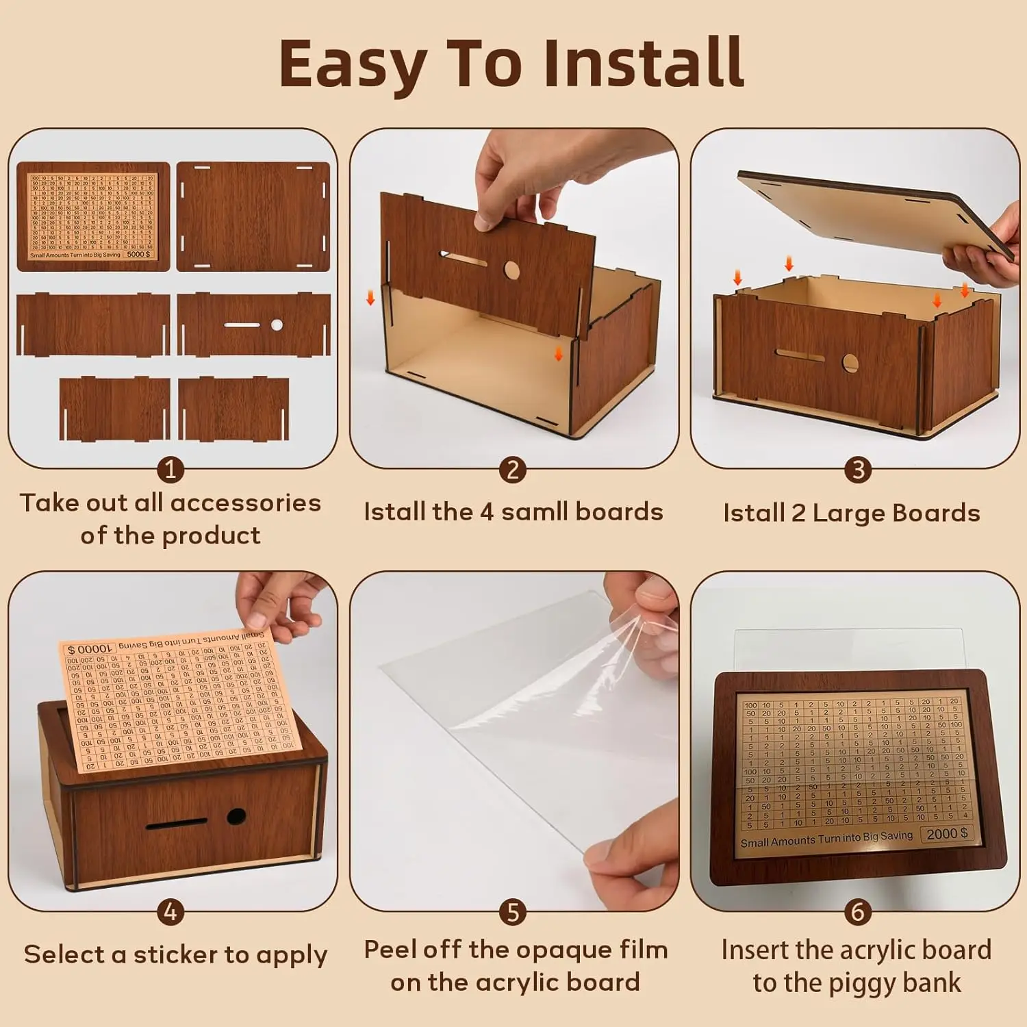Wooden Money Saving Box Challenge - Cash Vault Piggy Bank For Adults & Kids, 8 Savings Goals, No Assembly