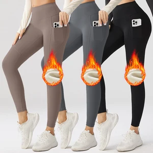 Women's High Waist Winter Warm Plush Tights Wholesale Fleece Lined Yoga Leggings With Pocket Thick Thermal Pants