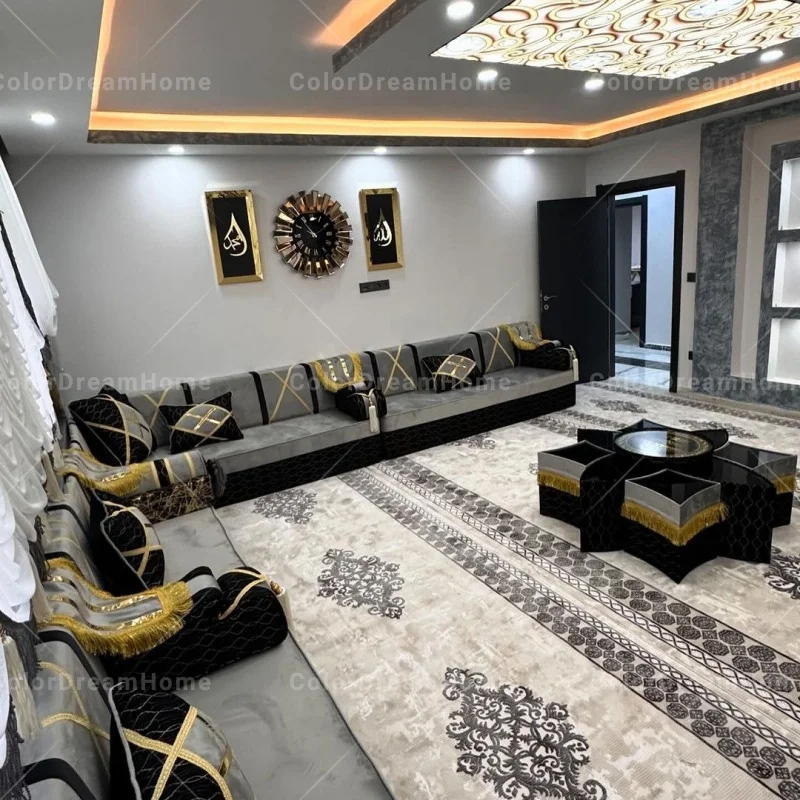 High-End Customized Arab Luxury Furniture Set Handmade Arabian Majlis Living Villa Modular Tufted Wood Middle Eastern Style