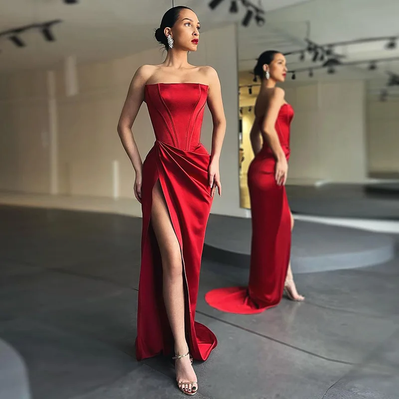 Lw Stain Slim Fit Tube Top Corset Long Wrap Prom Dress With Sweep Train  Sexy Ball Gown Wedding Dresses Red Evening Dress 2022