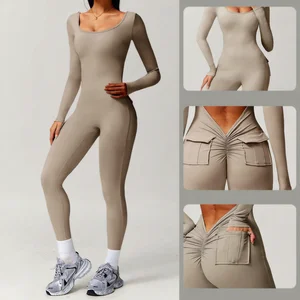 Sports Jumpsuit Long Pants Tight High Elasticity Pockets Ruched Sleeve One-Piece Yoga Jumpsuit