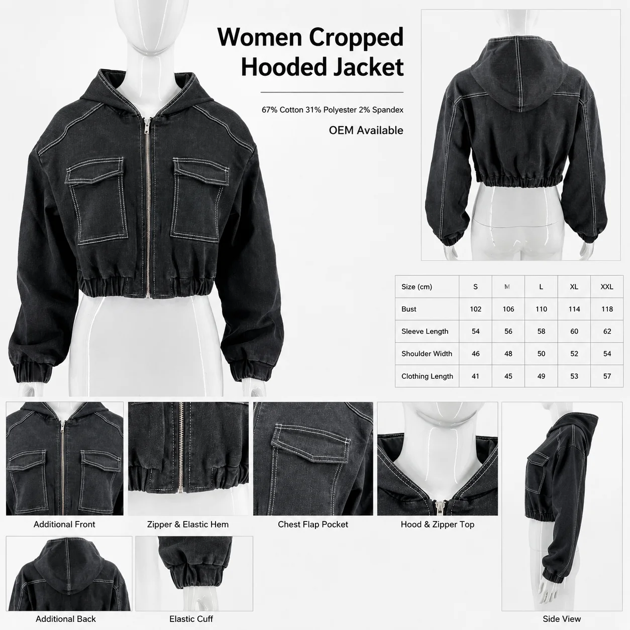 Custom Women Cropped Full Zipper Hoodie Oversized Heavyweight Cotton Streetwear Jacket OEM ODM