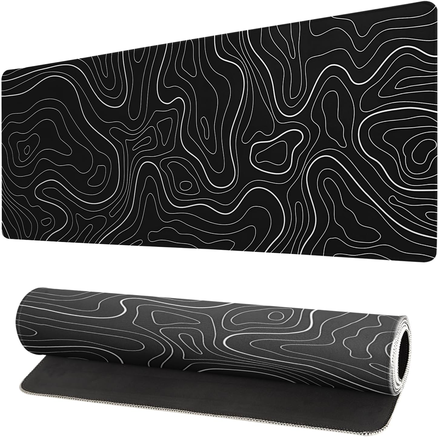 800 300mm Large Gaming Mouse Pad with Anti-Slip Rubber Base Black & White Topographic Line Design for Home Office Use