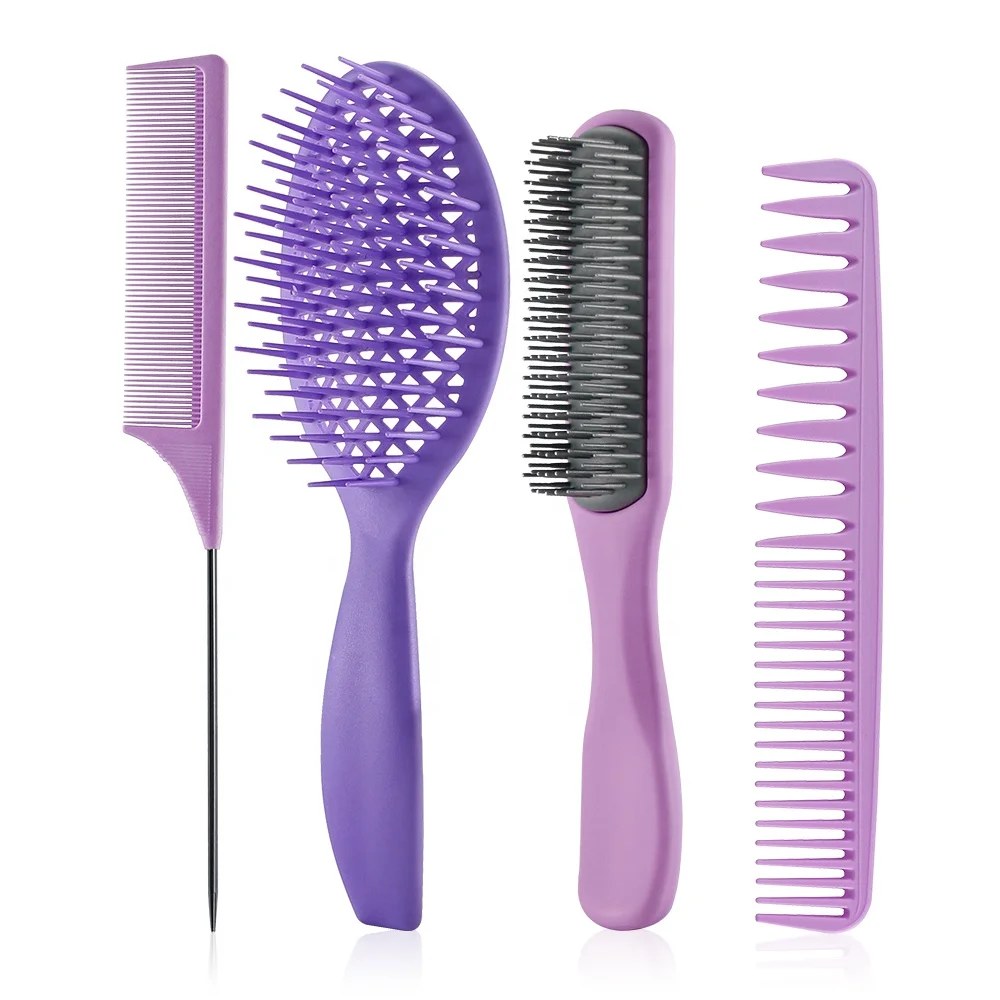 Hot Selling 4 Pieces Long Teeth Detangling Hair Brush Set Purple Round Head Mesh Comb Set