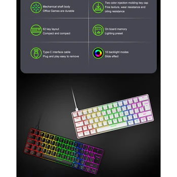 ZIYOULANG Mechanical Keyboard 60% Compact 62 Keys Wired USB-C Rainbow  Backlight Effects Gaming Keyboard, 6400 DPI RGB Backlit Gaming Mice For