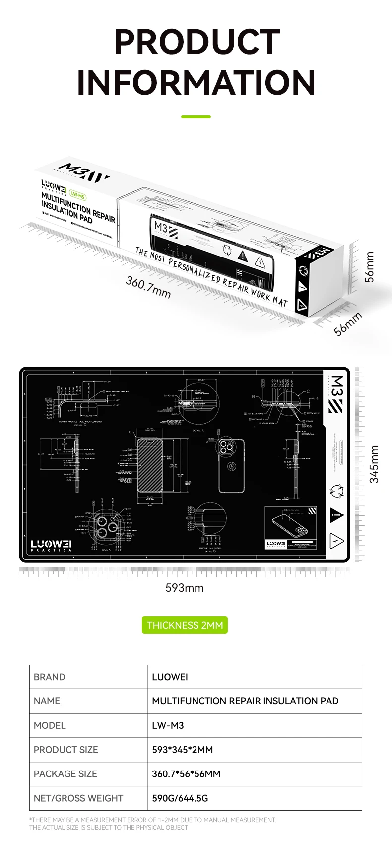 LW-M3 27Inch Bend-Free Heat Resistant Repair Mat Waterproof Dirt-Resistant Insulation Pad for Phone Soldering Work