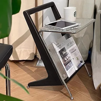 Light Luxury Mobile Black Tea Side Table in Retro Floor Small Table Sofa Bedside Table Shelves Creative Glass Bookshelf
