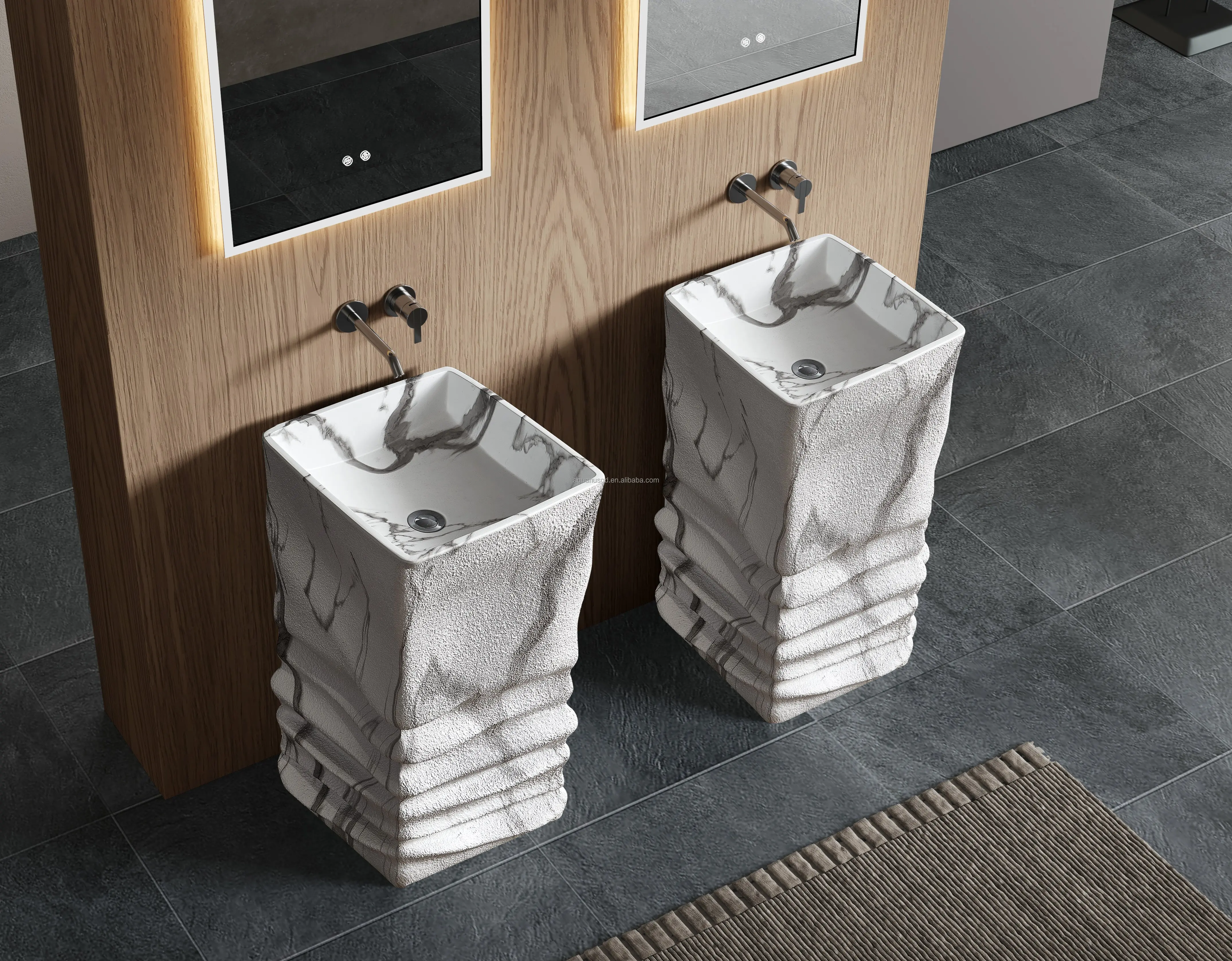 Marble veins Bathroom Sinks Resin Stone Freestanding Washbasin Floor Standing Basin Pedestal Solid Surface Hand Washing Sink