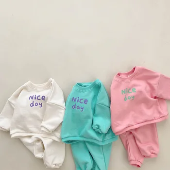 Spring and Autumn boys and girls set long sleeve smiley casual sweatshirts + pants two-piece baby cotton set