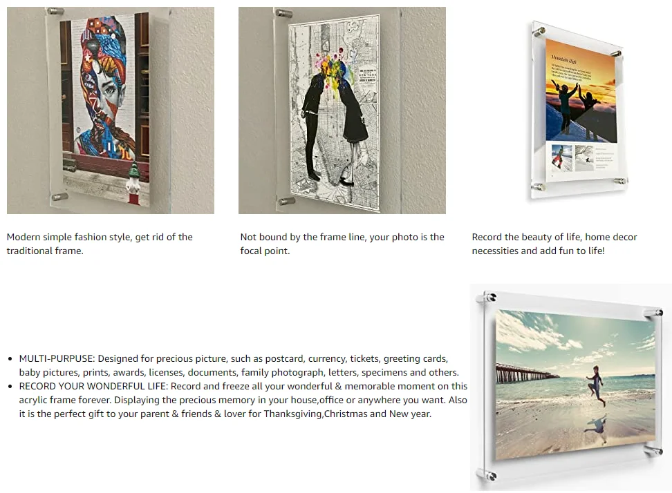 Acrylic Wall Mount Floating Picture Frame 14 X 11 Inches Hanging