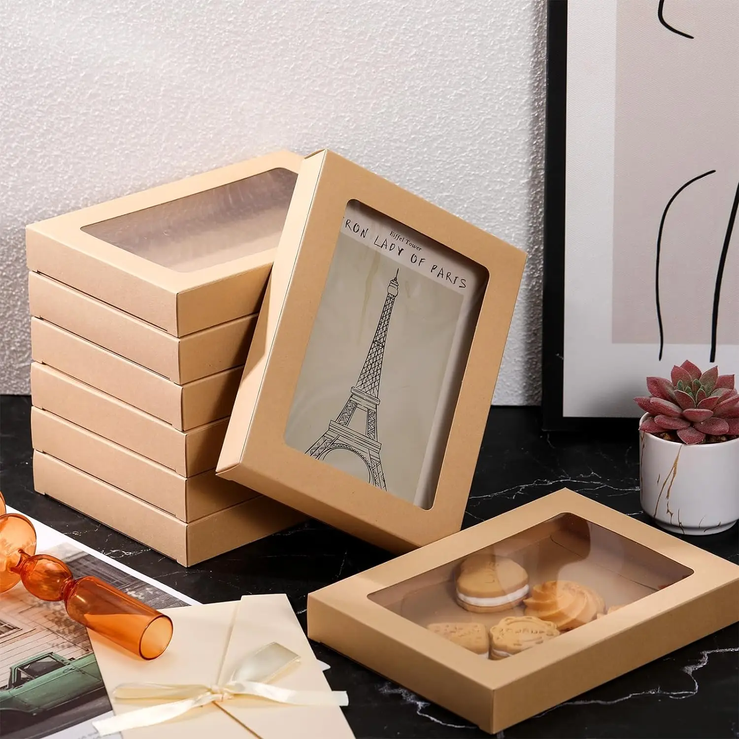 Custom Greeting Card Storage Box Kraft Paper Box with PVC Transparent Window Applicable Bulk Frame Photo Storage Box