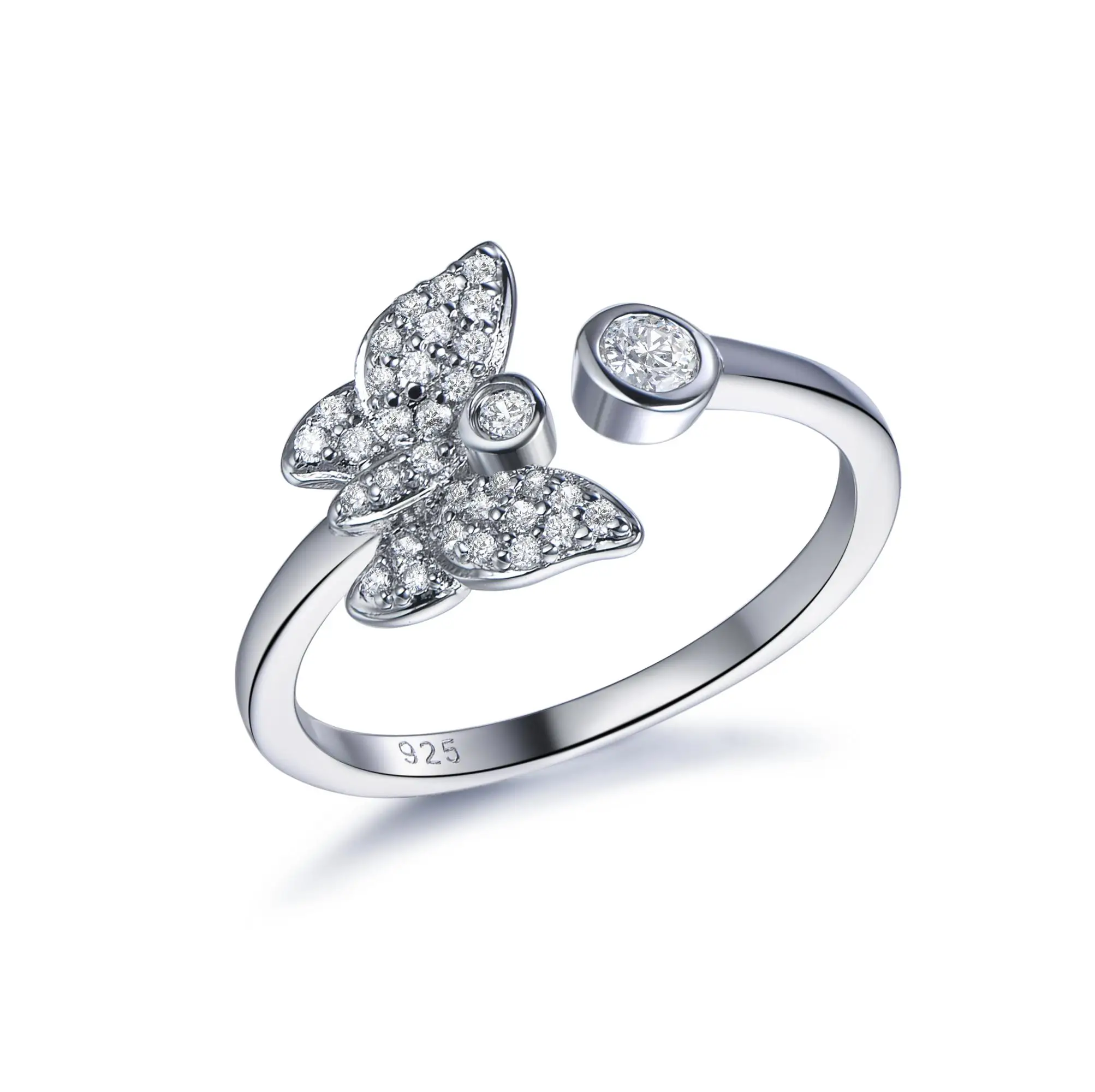 Elegant butterfly shaped white zircon open shank ring 925 sterling silver animal women jewelry adjustable ring