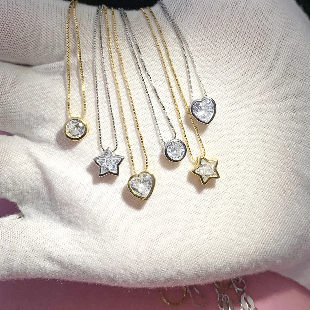 Single Stone Solitaire Cz Cubic Zirconia Delicate Dainty Box Chain 925 Sterling Silver Bezel Heart Single Stone Star Necklace